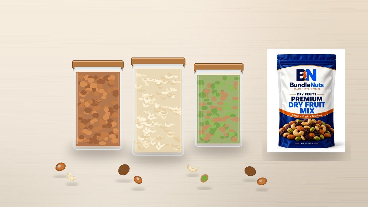 Clean pantry storage display featuring airtight glass jars filled with whole almonds, cashews, and pistachios alongside a sealed BundleNuts pouch.