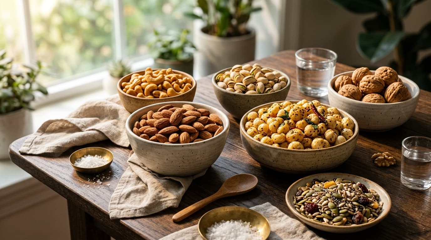 Gourmet healthy Indian snacking spread featuring California almonds, cashews, pistachios, spiced makhana and roasted seed mix