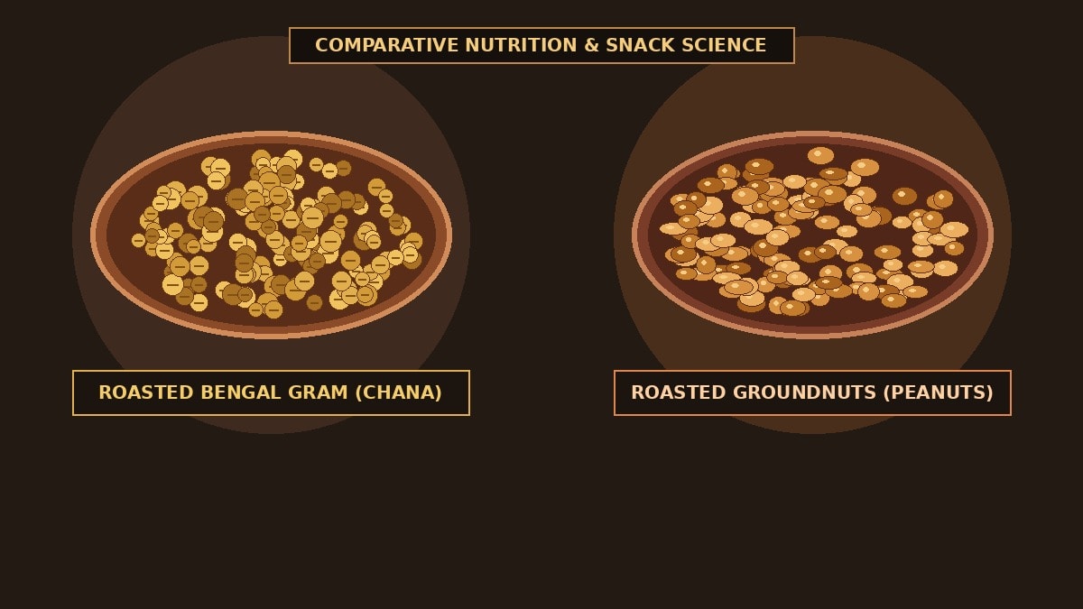 Comparison of a terracotta ceramic bowl of golden roasted chana on the left and a warm dark oak bowl of dry-roasted peanuts on the right.