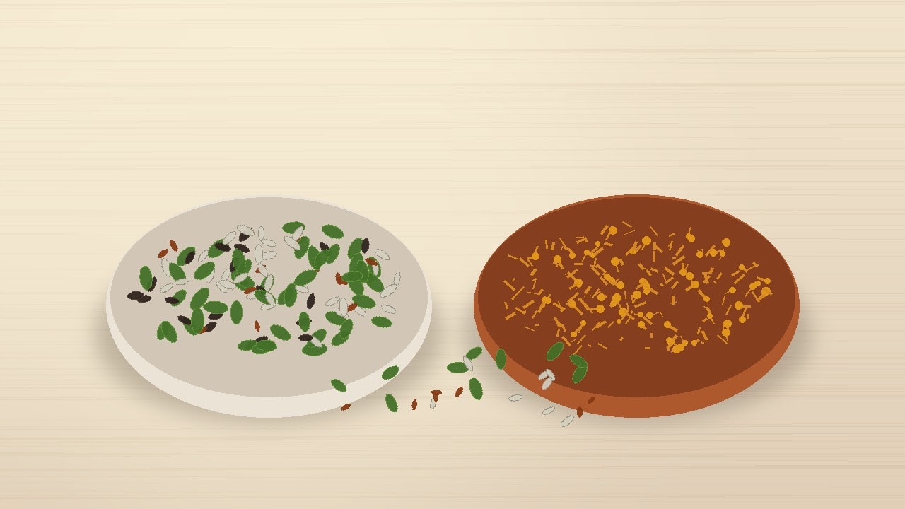 A cream ceramic bowl filled with dry-roasted seed mix containing pumpkin seeds, sunflower seeds, watermelon seeds and flax seeds next to a terracotta bowl of deep-fried namkeen on a warm wooden table.