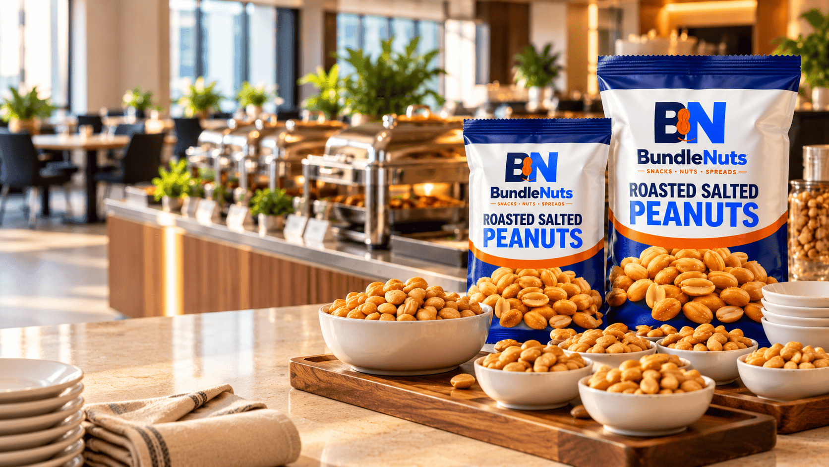 A professional hotel lounge and corporate office pantry counter display featuring 1kg institutional nitrogen-flushed packs of BN BundleNuts Roasted Peanuts beside elegant white porcelain serving bowls filled with golden roasted peanuts.