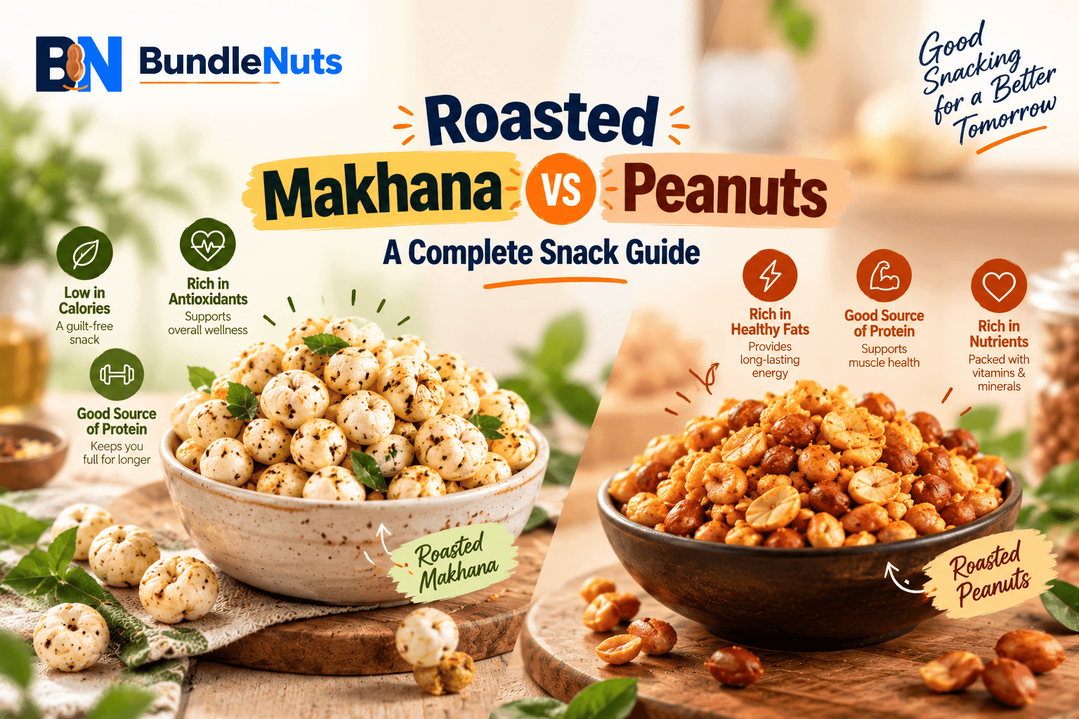 A white ceramic bowl of puffed roasted makhana on the left and a terracotta bowl of golden roasted peanuts on the right, arranged on a warm wooden tabletop.