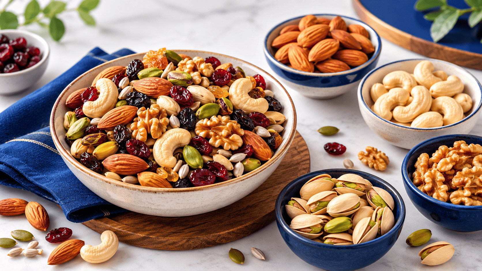 A ceramic bowl of colorful Trail Mix featuring almonds, cashews, pumpkin seeds, sunflower seeds, and green raisins alongside small ceramic bowls of single almonds and cashews on a warm wood tabletop.