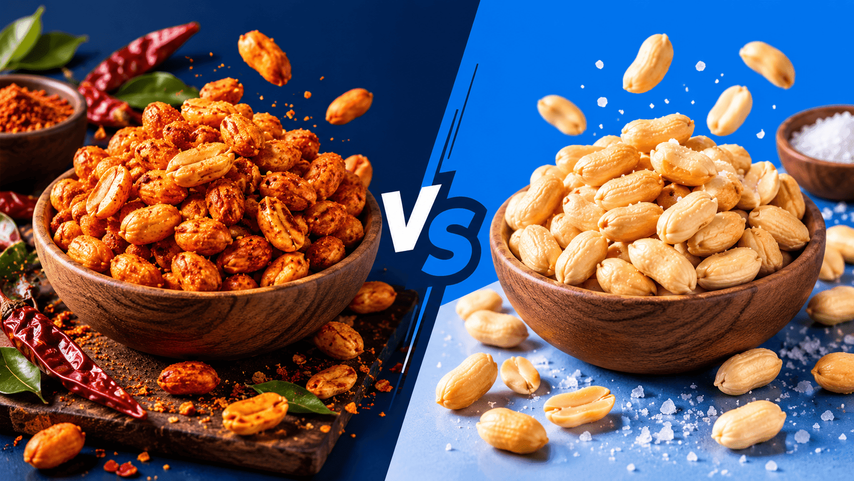 A cream ceramic bowl of golden Classic Salted Roasted Peanuts on the left and a terracotta bowl of zesty Indian Masala Roasted Peanuts on the right, arranged on a warm wooden tabletop with sea salt and roasted spices.