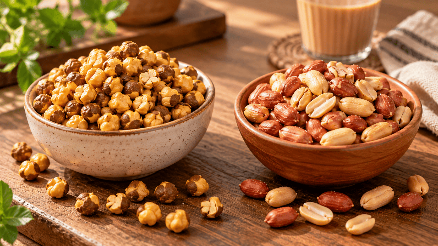 A cream ceramic bowl of golden dry-roasted chana on the left and a terracotta bowl of roasted peanuts on the right, arranged on a warm wooden tabletop with scattered legumes.