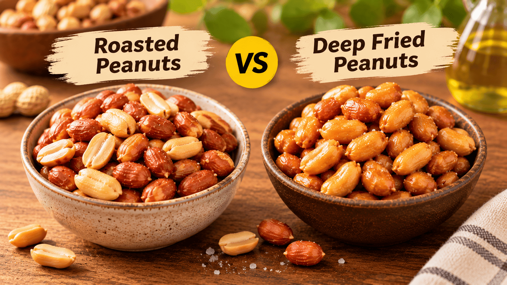 A cream ceramic bowl of golden hot-air roasted peanuts on the left and a greasy newspaper bowl of dark oil-fried peanuts on the right, arranged on a dark wooden table with sea salt and roasted cumin.