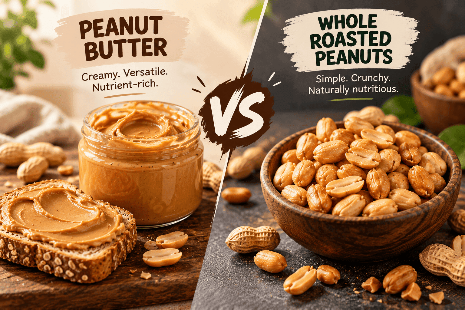 Comparative visual showing a jar of smooth milled peanut butter alongside a ceramic bowl of whole hot-air roasted peanuts.